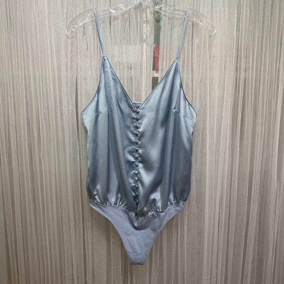 Abercrombie & Fitch Light Blue Satin Button Up Bodysuit Thong back Size Medium - Picture 1 of 16